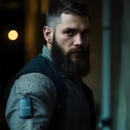 a bearded man with a beard and a bag on his shoulder