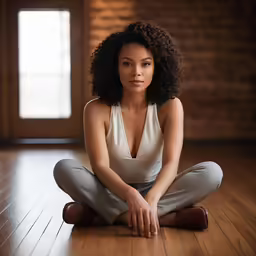 a woman sits on the floor in yoga pants with her arms out