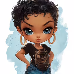 a cartoon woman with short black hair holding a camera