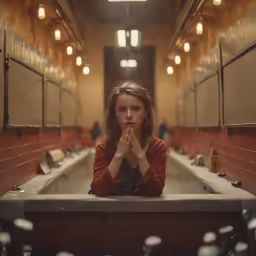 a woman standing in a bathroom with her hands folded