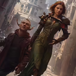 a woman with horns stands next to two men