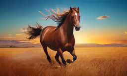 a horse running through an open field at sunset