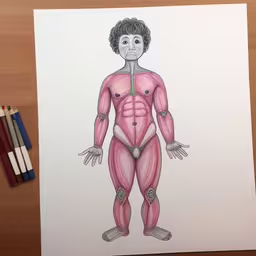 a drawing of a person with muscles highlighted,this is a hand drawn illustration of a man made in colored pencil