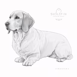 a black and white drawing of a dog sitting