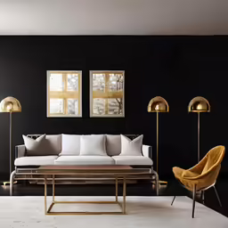 a living room with black walls and white furniture