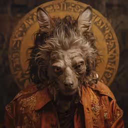 a dog in costume has very long hair