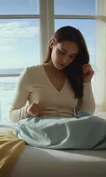 a woman sitting on a bed holding a blue blanket