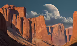 the moon is above mountains at sunset