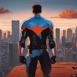 a male in a black and orange costume with cityscape,a hero looking at the city from a rooftop
