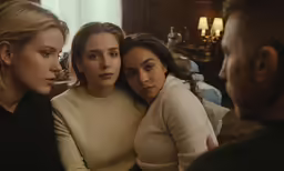 three women and two men sit together on the couch