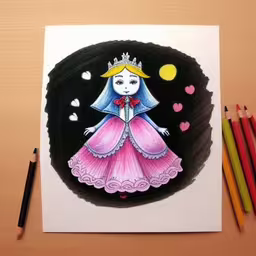 a drawing of a little girl wearing a tiara,the card shows a drawing of an elaborate princess in pink
