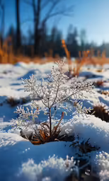 a small plant sprouting out of the snow