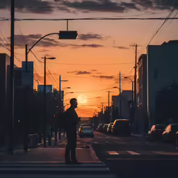 a person on a city street in front of the sun