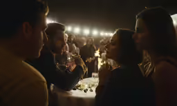 three people having dinner in a dimly lit area