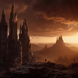 a castle with towers at sunset on a hill