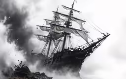an old ship in the middle of storm with smoke and clouds