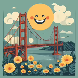there is a happy cartoon over the bay bridge