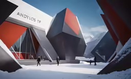 people walking towards an unusual building with large, sharp shapes