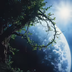 a lone tree sits in the middle of a landscape with a moon, grass and trees around it
