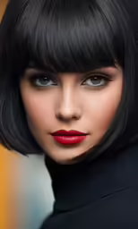 a woman with blunt bangs, black hair and red lipstick