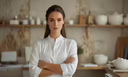 a female chef in white standing in a kitchen