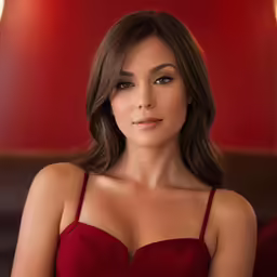 a woman wearing a red bra standing in front of a lamp