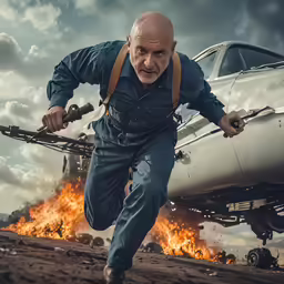 man wearing overalls holding an antique car and climbing up into the air