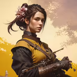 a beautiful woman in an old fashion outfit holding a sword
