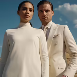 the man and woman are dressed in a wedding suit