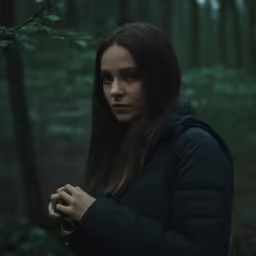 a woman is staring into the distance in the woods