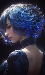 a girl with blue hair looks off to the side
