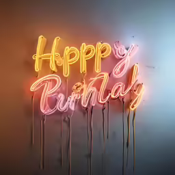 a neon sign that reads happy birthday and a pink rose