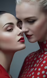 two beautiful ladies wearing red lipstick and polka dot coats