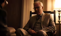 an old man in business attire sitting in a chair