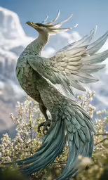 a bird with wings standing in front of flowers