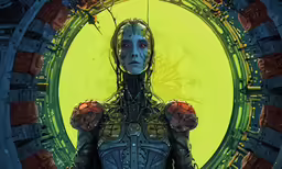a woman standing in a yellow circular space with her hands on the hips