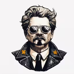 a drawing of a man wearing sunglasses with an advertizing face,an art drawing of a man in sunglasses and a jacket