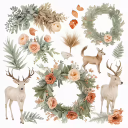the flowers, leaves and deer have been arranged together