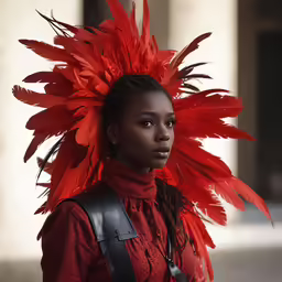an attractive woman with red feathers on her head
