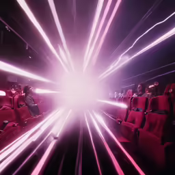 people are sitting in a large room filled with red chairs