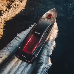 an aerial photo shows the tail end of a boat