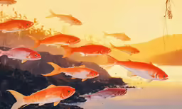 fish swimming over a body of water during sunset