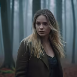 a beautiful young lady standing in the middle of a forest