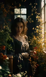 a woman is standing in front of a window
