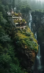 a large building on top of a cliff with waterfall