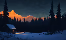 snow covered evergreen trees and a snowy hut beneath a mountain range