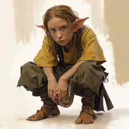 a young boy kneeling down with his hands on his knees