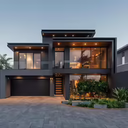 a house with a glass entry and garage
