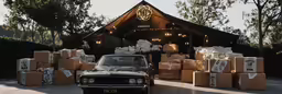 an old fashioned car parked outside in front of boxes and trees