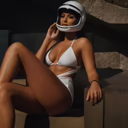a woman in white bikini and a helmet sitting on a bench